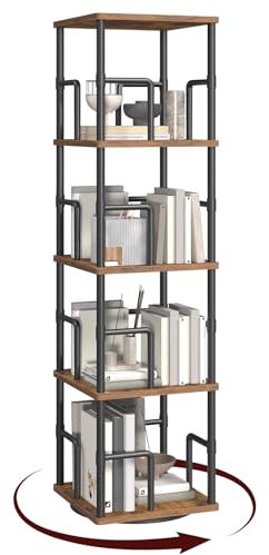 MAHANCRIS Bücherregal mit 4 Ebenen, Drehregal Regal mit Buchstützen, 30 x 30 x 127,5 cm, Standregal für Kleine Räume, Industrie-Design, für Wohnzimmer, Schlafzimmer, Braun und Schwarz ABKHR1501