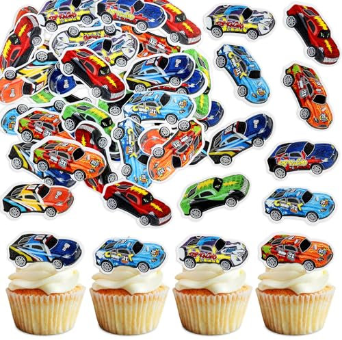 Blumomon 40Pcs Edible Race Car Cupcake Toppers Happy Birthday Cake Decoration Picks for Racing Sports Theme Baby Shower Boys Birthday Party Cake Supplies