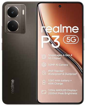 realme P3 5G Android Phones, Mobile phone 12+512GB Smartphone, 120Hz Amoled Display IP69, 2000nit peak Brightness, 5260mAh 45W SUPEROOC Charge, Snapdragon 6 Gen 4, Mocha Gray