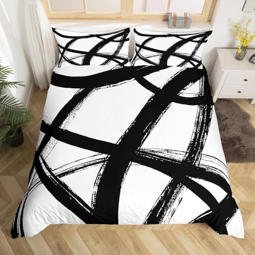 Homewish Schwarz-Weiß Bettbezug Gestreifte Geometrische Bettwäsche 135x200 | Moderne Zeitgenössische Bett Set Neutrale Ästhetik Bettbezug Zimmer Dekoration mit 1 Kissenbezug