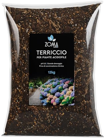 ZOMA Acizom Terriccio acidofile professionale con kanuma, Humus e sfagno cileno, Terriccio per ortensie e alzalee PH acido naturale senza concimazione chimica - Made in Italy - 12 Kg