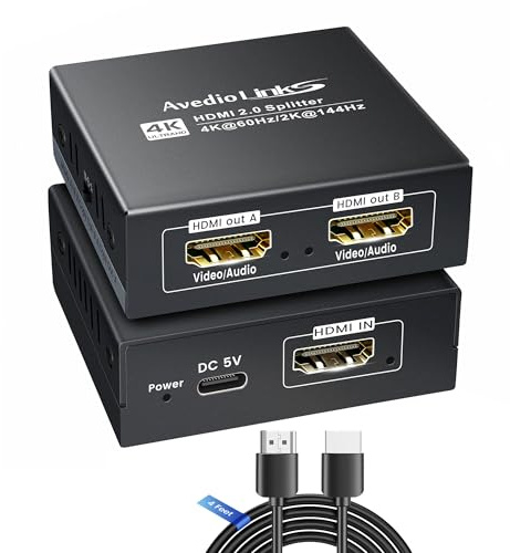 HDMI Splitter 1 in 2 Out mit 4ft hdmi Kable, 4K@60Hz HDMI Audio Splitter für TV and Soundbar, unterstützt Down Scaler 4K & 1080P Dual Monitors Sync, 2K@144Hz Dobly Vision/Atmos