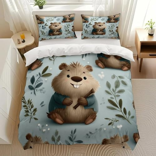 Kjdfhk Beaver Pattern Bedding Comforter Sets Bedding Set 3 Pieces (1 Duvet Cover 2 Pillowcases) with Zipper Closure Lightweight