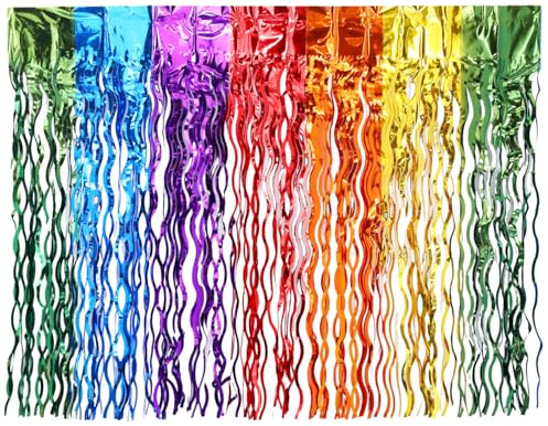 Qiuvpop 2 Stück 275cm Regenbogen-Lametta Tischdeko, 75 cm Gewellt, Glitzernde Metallic-Fransen für Partytisch, Geburtstagsfeier oder Deko-Absperrung-Mehrfarbig, Schimmernd.