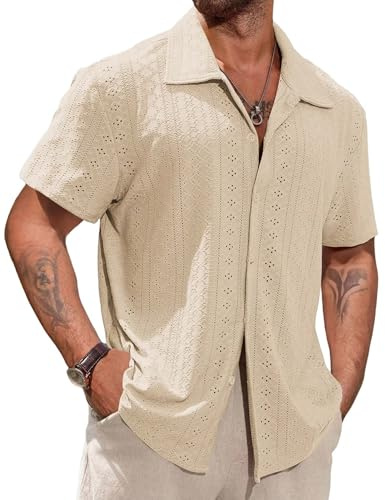 Remxi Mens Short Sleeve Shirts Button Down Hawaiian Shirt Summer Beach Cuban Collared T-Shirt Casual Holiday Hollow Out Tops Khaki L