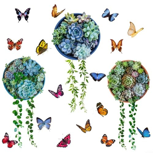 Removable 3D Succulent Green Plant Wall Sticker In Hanging Basket Style, PVC Leaves Wall Decal For Indoor Home Decoration In Living Room