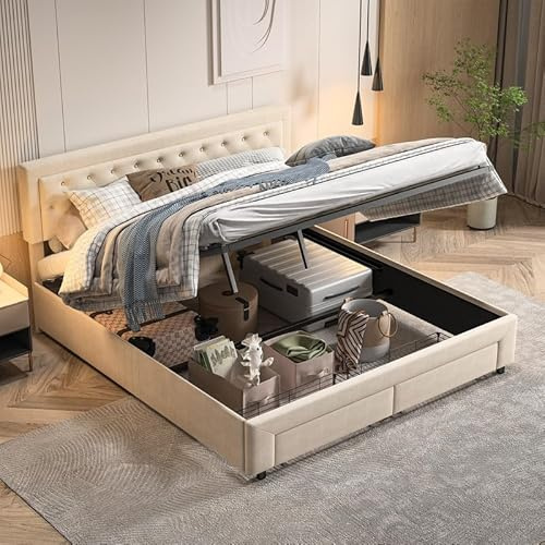 QMTXBYJ Polsterbett Doppelbett 180x200 cm,Hydraulisch Bett 180x200 mit Bettkasten und Lattenrost, Rückenlehne Bett mit 2 Schubladen,Stauraumbett Jugendbett Bettgestell aus Holz und Samt,ohne Matratze