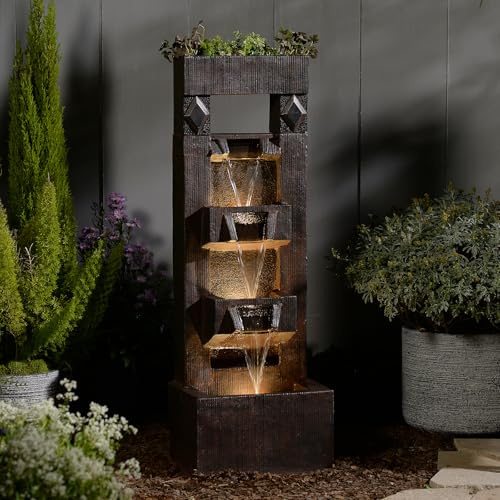 Bumilgar 104CM Garden Water Features, 4-Tiers Resin Water Fountain, Modern Floor-Standing Waterfall With Lights For Patio, Backyard, Deck, Porch, Home Decor, Brown