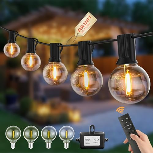 Luci Da Esterno Giardino G40 60M 24V Con Telecomando,Dimmerabile,Timer | Tonalità Calda 2200K,Impermeabile,100 1W Lampadina in Infrangibile Collegabile Catena Luminosa Esterno Per Patio Giardino