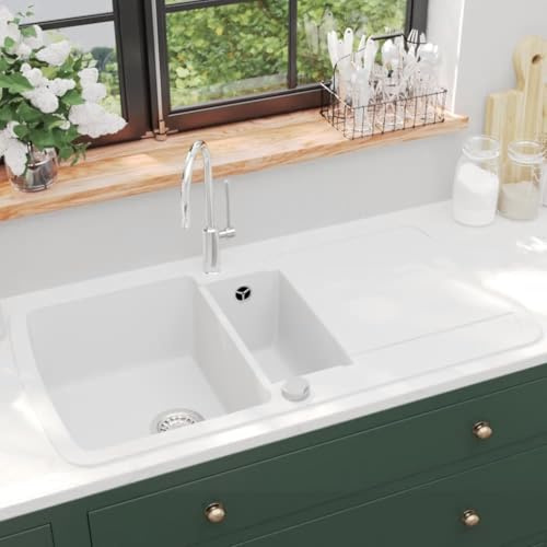 Refined Granitspüle Doppelbecken Küchenspüle Einbauspüle Spülbecken Spüle Küche Waschbecken Küchenbecken Auflagespülespüle Doppelbecken Weiß