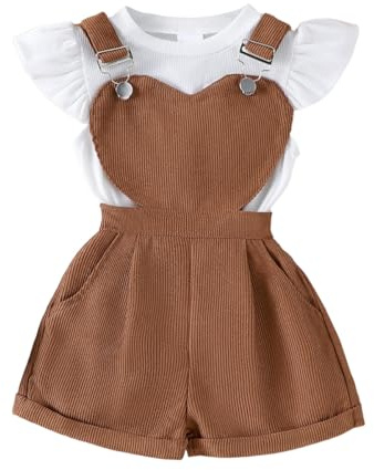 JENJON Abbigliamento Estivo per Bambina Set Top a Coste a Maniche Corte con Volant + Regolabile Salopette Corta con Stampa Floreale/a Cuori e Tasca Vestiti Set