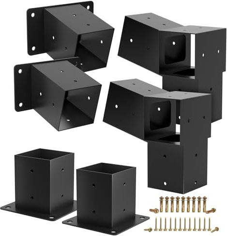 HAYOHRT Lot de 2 supports de pergola, kit de pergola à 15 °, équerre d'angle à angle droit à 3 voies avec base de poteau pour 4 x 4 po (réels : 8,9 x 8,9 cm), kit de support en bois surélevé 6 pièces