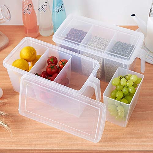 MineSign 2 Pack Plastic Divided Veggie Storage Containers with Lids and Handles for Fridge Storage Organizer Boxes for Refrigerator Produce Beans Fruits Organzation
