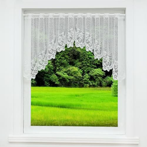 HeichkelL Scheibengardine Spitze-Jacquard Kurzstore Halb-Bogen Gardine HxB 60x160cm Stangendurchzug Vorhang Blume-Muster Weiß