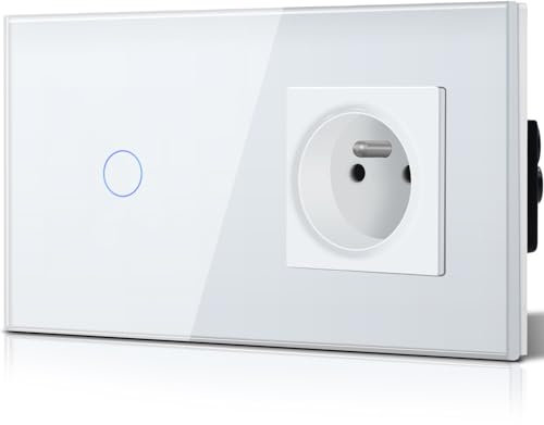 BSEED Interrupteur Tactile avec Socle en Verre Schuko Standard France Prises 1 Gang 1 voie Interrupteur Mural à Interrupteur Tactile en Verre Design Blanc