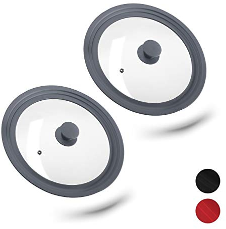Lot de 2 couvercles casseroles L, en Verre Rebord dégradé en Silicone, casseroles et poêles 26-30 cm, HxD5x31,5cm, Gris
