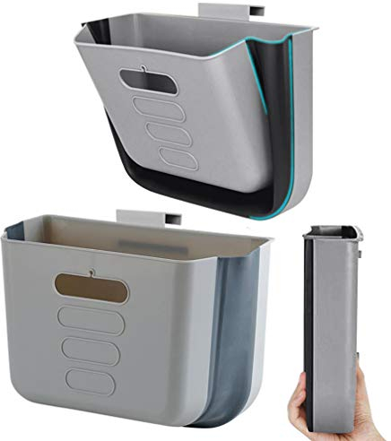 Papelera pequeña para colgar en el armario de la cocina, de plástico, portátil, para cocina, baño, oficina, dormitorio, camping, montaje en la pared, contenedor de basura compacto (gris)