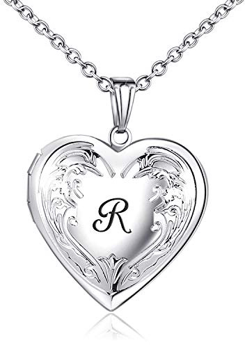 MUERDOU Locket Necklace that Holds Pictures Initial Alphabet Letter Heart Shaped Photo Memory Locket Pendant Necklaces