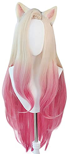 PWEINCY Baddest Ahri Cosplay Perücke Blond Rosa Seitenscheitel für Frauen