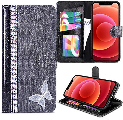 Pro_Gadgets_LTD Case For iPhone 12 Mini, Wallet Bling Glitter Sparkle Shiny Crystal Flip Case (Black)