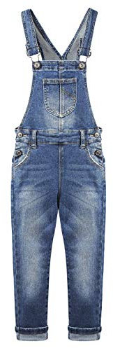 KIDSCOOL SPACE Salopette di jeans per bambina, abbigliamento da lavoro in jeans slim lavato per bambini piccoli, blu intenso, 7-8 anni