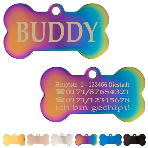 Ibera gifts - Hundemarke mit Gravur und personalisierte Hundemarke in Knochenform für mittelgroße bis große Haustiere (Mehrfarbig)