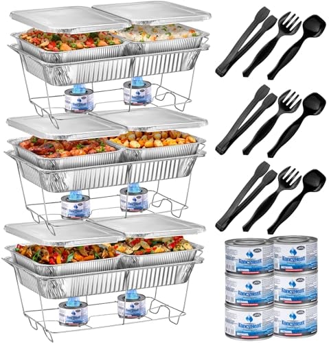 MAXYGIFT Disposable Chafing Servers with Covers - (33pc) Buffet Set Includes Full-Size Wire Stand & Fuel cans, Pans Utensils and Warmers for Parties Catering