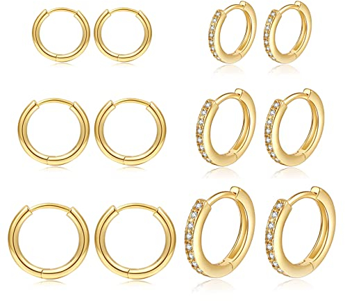 6 Paar 14 Karat vergoldete Creolen Huggie Ohrringe Sterling Silber Creolen winzige Knorpel Zirkonia für Frauen Männer Cubic Zirkonia, Zirkonia, Zirkonia