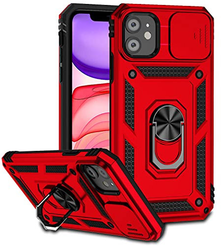 Jiyu Coque Compatible avec iPhone 11 6.1, Étui avec Cache Caméra & Support à Bague 360 Armor Full Body Antichoc Anti-Chut Housse TPU Silicone Bumper Cover,Rouge