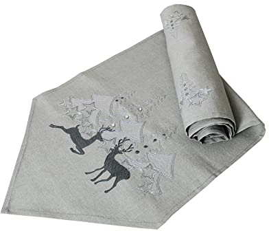 Tischläufer Weihnachtstischdecken 40 x 170 cm Stickerei Hirsch Hellgrau Tischdeko Weihnachten Advent Tischdecken Mitteldecke Weihnachtsdeko Weihnachtszeit