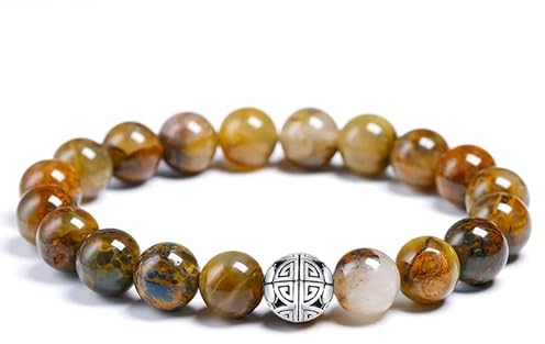 MetJakt Natürliche 8 mm Edelsteine Heilung Crystal Stretch Perlen Armband Armreif mit 925 Sterling Silber Double Happiness Anhänger (Gelber Pietersit)