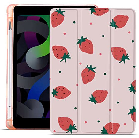 MAYCARI Strawberry iPad Air 4 Case with Pencil Holder, Support Auto Sleep/Wake, Soft TPU Back Protective Case for iPad 10.9 inch 2020