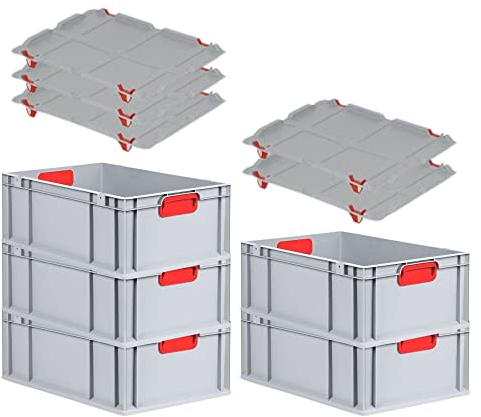 PROREGAL SuperSparSet 5x Eurobox NextGen Color mit Auflagedeckel & Schiebeschnappverschlüsse, HxBxT 22x40x60cm, 44L, Griffe rot geschlossen, Verstärkter Boden, Eurobehälter Transportbox