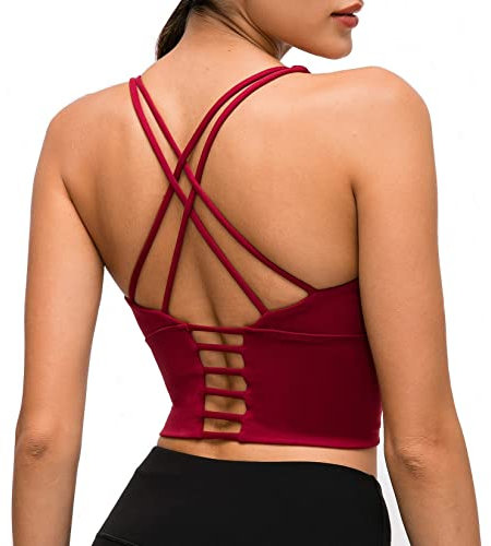 Lemedy Damen Gepolsterter Sport-BH Longline Workout Yoga Tank Top mit integriertem Regal-BH, Dunkelrot, Medium