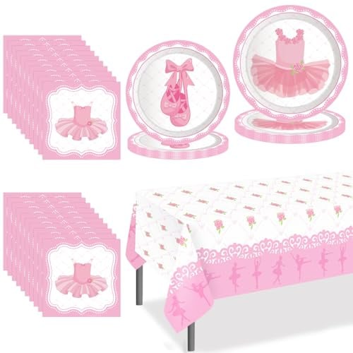 PIUMOJ Vaisselle Anniversaire Ballerine 8 Invités | Comprend Assiettes Papier, Serviettes & Nappes Réutilisables - Décoration Fête Danse Idéal
