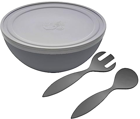 Magu Natur-Design Schüssel Anthrazit mit Deckel und Salatbesteck Ø 26 cm aus einem Polymer aus natürlichen Materialien Schüsselset Salatschüssel