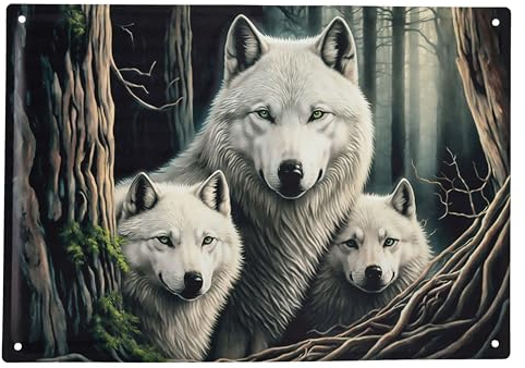 Blechschild Wolf Mutter mit Jungen weiß 40 cm - Fantasy Wand Deko Schild Metallschild Gothic Blech Metall Relief geprägt