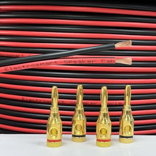 electrosmart 14 AWG Red and Black Speaker Cable Wire with 4mm Gold Plated Banana Plugs for Audio HiFi (5m)
