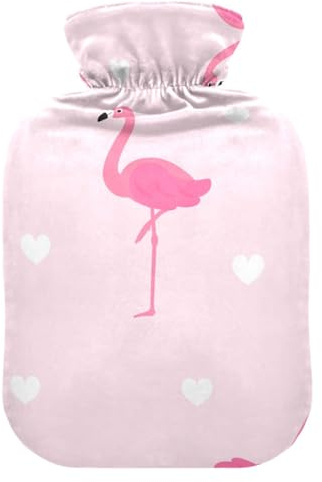 Wärmflasche mit süßem rosa Flamingo mit weißen Herzen, weich, warm für Winter, Bett, Hand, Hals und Schultern, 1 l