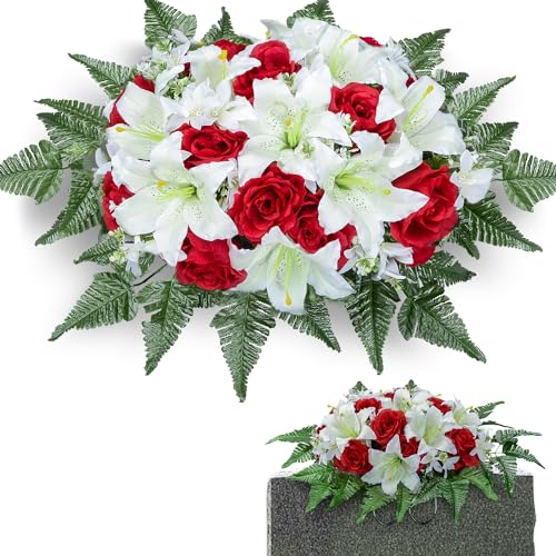 SIFOEL Fleur Artificielle pour Pierre tombale, Fleurs de cimetière, Bouquets de lys Roses artificiels pour décoration extérieure de Pierre tombale. (Lys Blanc, Selle de Fleurs)