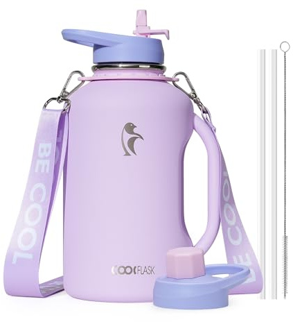 Coolflask 2L Water Bottle Insulated Stainless Stee with Handle & 2 Lids | Triple-Wall Vacuum Copper Plating, Cold 48+h/Hot 24+h, Dishwasher Safe, Leakproof, BPA-Free, for Gym & Hiking, Lavender