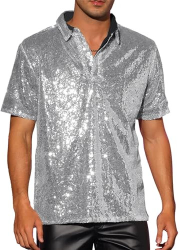 Acrawnni Herrenhemd mit glitzernden Pailletten, Vintage-Sommer, 1/4 Glitzerknopf, kurzärmelig, Disco-Top, 70er-Jahre-Party, Club, glänzendes Hemd, Rave-Tops, A-Silber, L