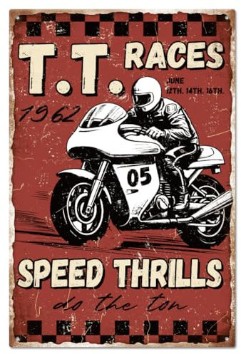 GLOBLELAND Letrero de estaño para motocicleta TT Races, letrero de metal vintage, placa de arte, cartel retro, decoración de pared, pintura de estaño, letreros de 8 × 12 pulgadas para el hogar, bar,
