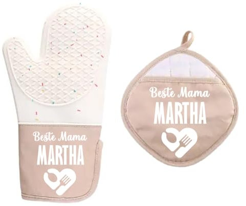 Personalisiertes Ofenhandschuhe-Set, Individuelle Ofenhandschuhe mit Ihrem Text, Geschenk zum Geburtstag, Mutter- und Großmuttertag, Küchenofenhandschuhe, Silikonhandschuh, Hitzebeständig (Beige)
