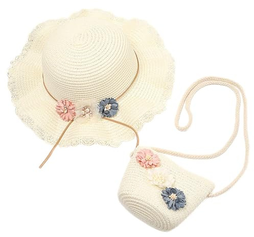 HIMKI Strohhut Mädchen Strohhut mit Tasche Kinder Sonnenhut Süßer Sommer Strandhut + Strohtasche für Mädchen Reisehut mit Blumendeko für Urlaub Reise Outdoor, Kopfumfang: 52-54 cm