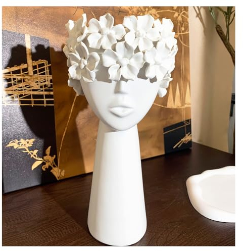 Ceramic Sculpture Female Head Face Flower Vase Decoration, Unique White Centerpiece for Home Decor