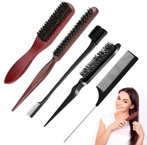 5 Pcs Cepillo de Pelo de Cerdas de Jabalí Cepillo,Cola Peine Profesional Peine de Salón,Coletas,para Cabello Largo y Grueso, Ondulado, Seco o Dañado, Reduciendo la Rotura del Cabello