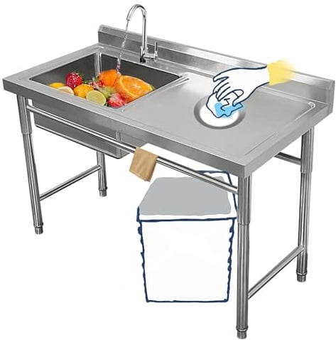 Outdoor Spüle Spültisch Ausgussbecken Edelstahl Mobiles Waschbecken Küche Gastro 1 Becken Freistehendes Küchenspüle Camping Spülbecken Edelstahltisch mit Armatur für Außen Garage Garten Werkstatt(120x