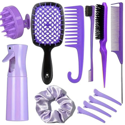 Ieron 12 Pièces Ensemble de Brosses Démêlantes Cheveux Bouclés Ensemble de Brosses Démêlantes Peigne à Dents Larges Peigne à Queue Vaporisateur et Pinces à Cheveux pour Soins Capillaires à (Violet)