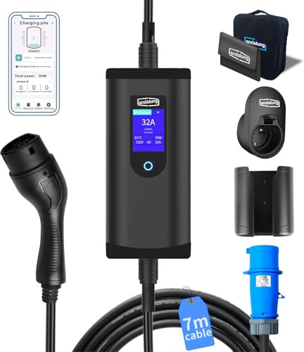 Andalung Typ 2 Tragbarer EV-Lader 7kW, App-Steuerung, 1-Phasig, 6-32A mit Einstellbarem Strom, 7m Kabel, Blauer CEE-Stecker, IP65 Schutz, Kompatibel mit Allen PHEV/EV Fahrzeugen
